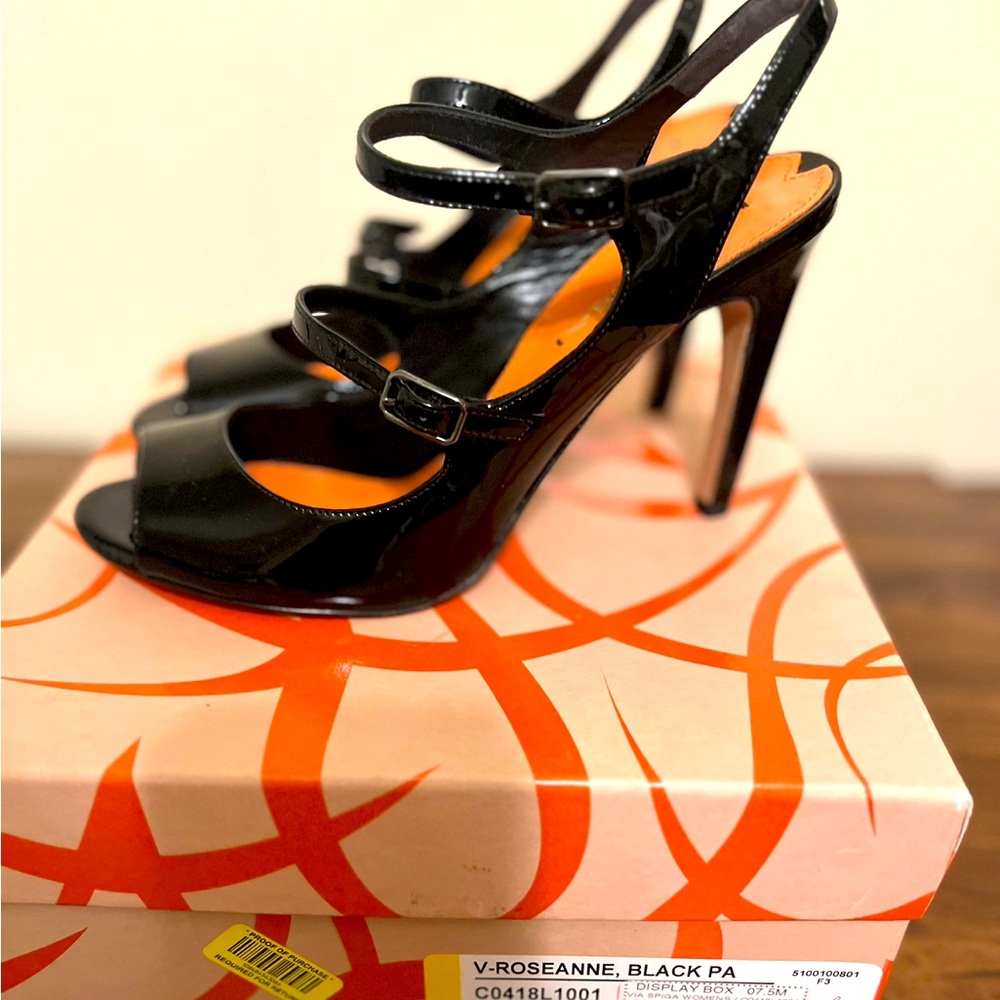 Via Spiga Roseanne black patent leather designer high heel sandals